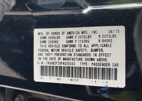 2015 Acura Tlx V6 из США, поврежденный, VIN 19UUB2F35FA025053